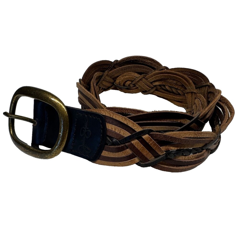 Braided Leather Belt Brass Buckle  Boho Multi-Tone Brown Black Jessica Simpson